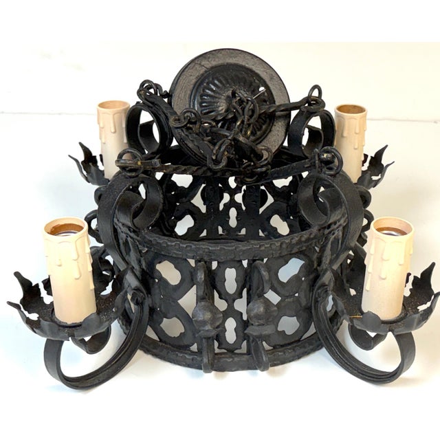 Addison Mizner Style Spanish Colonial Wrought Iron Four-Light Chandelier For Sale - Image 9 of 18