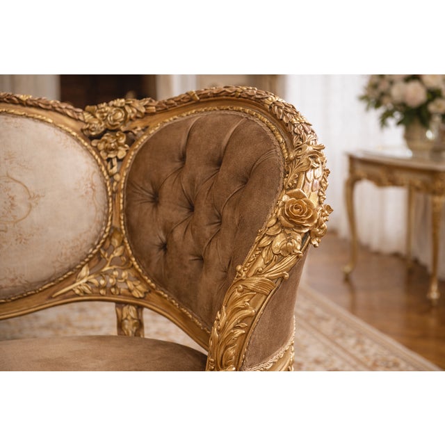 1900s French Louis XVI Gilt Beech Tan Velvet Settee For Sale - Image 4 of 9