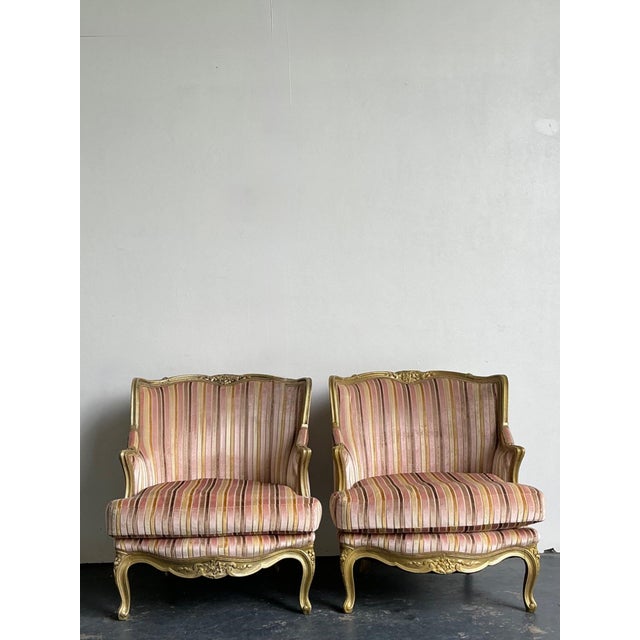 Vintage French Giltwood Striped Devore Bergère Chairs - A Pair For Sale - Image 12 of 18