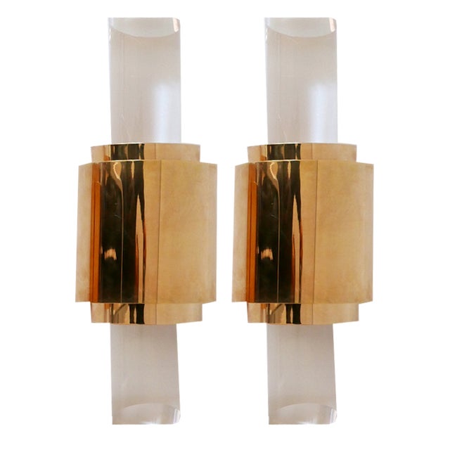 Gilt Brass & Acrylic Glass Wall Lights, Germany, 1980s, Set of 2 For Sale