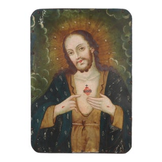 Sacred Heart of Jesus, Oil on Tin Over Panel, 19th Century For Sale