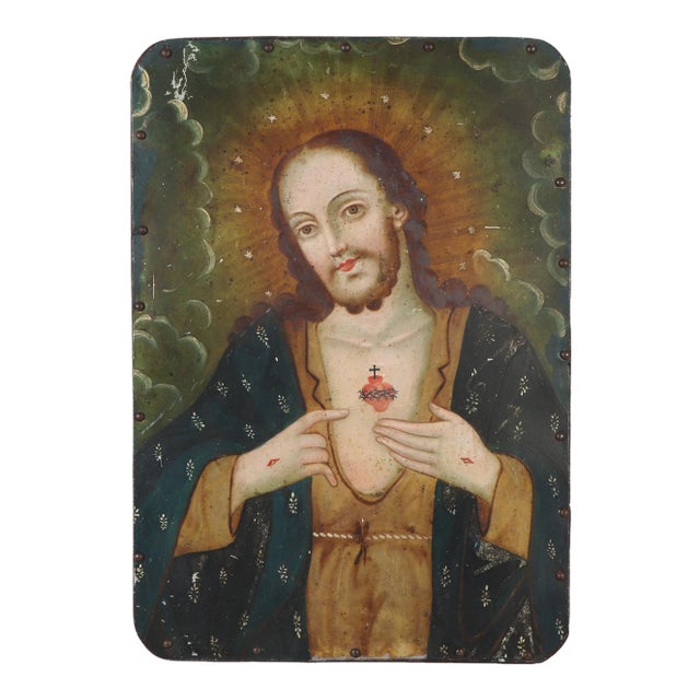 Sacred Heart of Jesus, Oil on Tin Over Panel, 19th Century For Sale