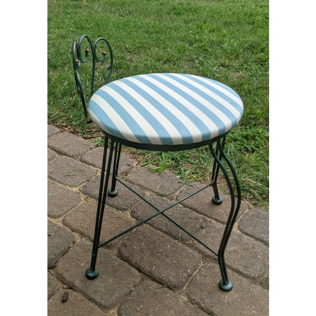Vintage Wrought Iron Vanity Stool With Blue Cabana Stripe Seat Chairish