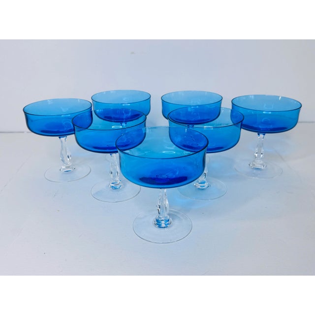 Mid-Century Modern Vintage 1960s Periwinkle Blue Glass Coupes, Set of 7 For Sale - Image 3 of 5