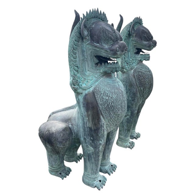 Asian 1990s Monumental Pair of Southeast Asian Verdigris Bronze Guardian Lion Statues For Sale - Image 3 of 12