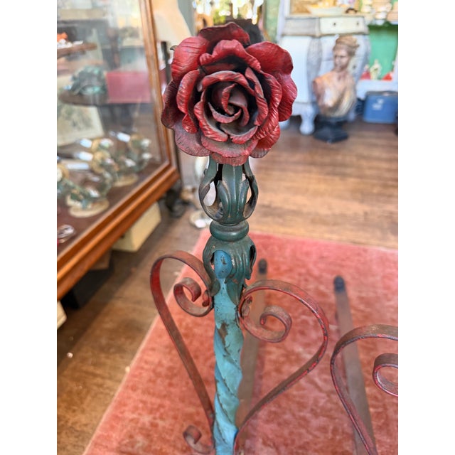 Tall Antique French Floral Tole Andirons For Sale In Los Angeles - Image 6 of 17