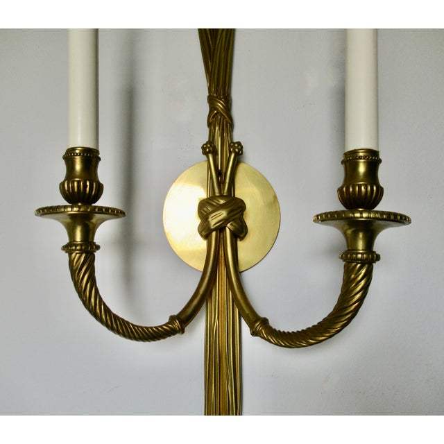 Vintage French 19th. Century Louis XVI Style Bronze Twin-Arm, Rope & Tassel Ormolu Wall Lighted Sconces -Pair For Sale - Image 17 of 17