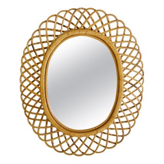 Mid-Century Rattan Wall Mirror in the style of Franco Albini, Italy, 1960s For Sale
