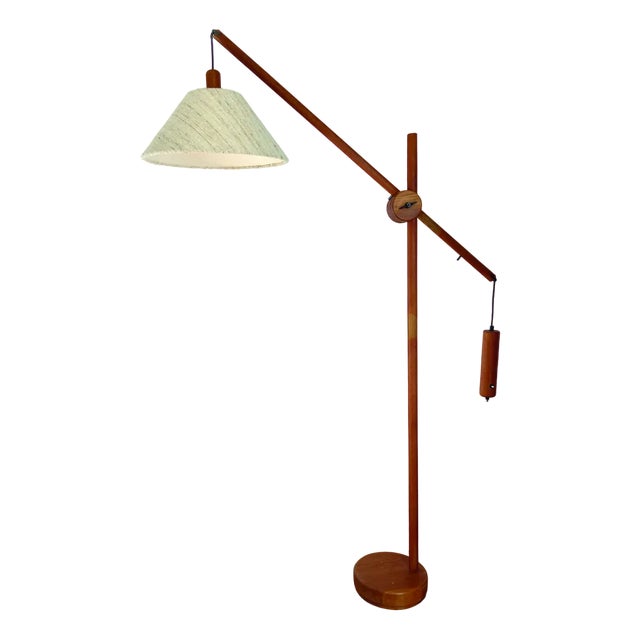 Scandinavian Teak Counter Balance Floor Lamp with Silk Shade For Sale
