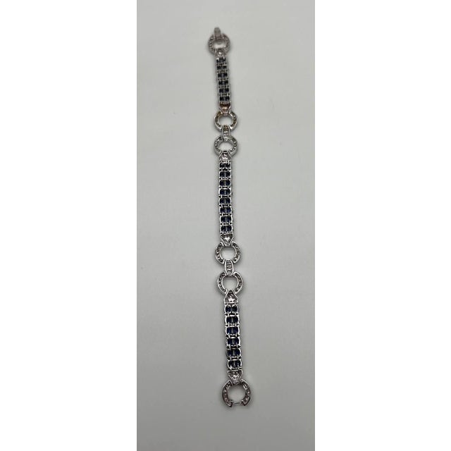 Early 21st Century Blue Sapphire Tennis Line Diamond Pave Statement Unique 14k White Gold Bracelet For Sale - Image 5 of 12