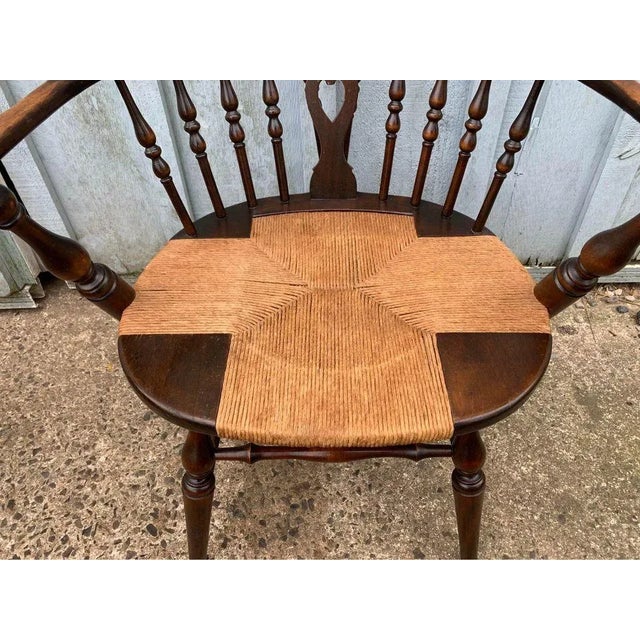 Early 20th Century Antique Windsor Style Bowl Back Rush Seat Armchair For Sale - Image 4 of 10