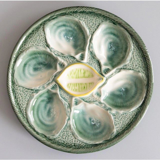 Green Antique French Saint Clément Majolica Blue Green & Yellow Lemon Wedge Oyster Plate For Sale - Image 8 of 8