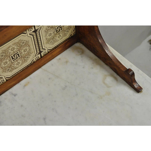 Antique Victorian Walnut Marble Top Washstand Good Luck Swastika Tile Backsplash For Sale - Image 13 of 18