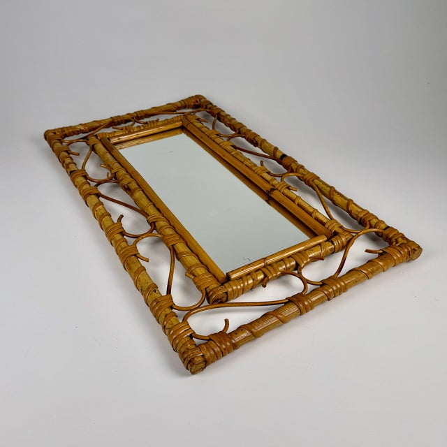 Boho Chic Mid-Century Modern Bamboo Rattan Wall Mirror, Italy, 1960s For Sale - Image 3 of 8