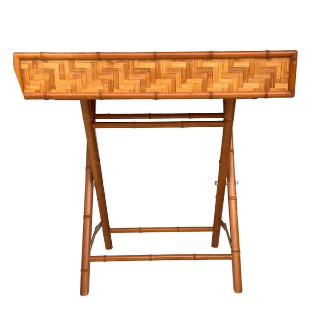 Vintage Bamboo and Woven Rattan Folding Butler Tray Stand, Coastal Campaign For Sale - Image 12 of 13