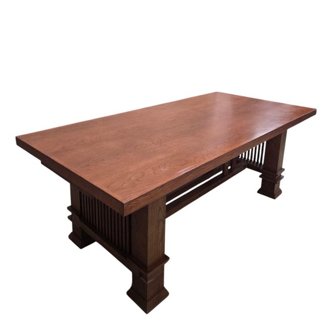 Late 20th Century Late 20th Century Custom Arts and Crafts Mission Style Oak Dining Table With Six High-Back Chairs For Sale - Image 5 of 12