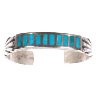 6.25" Vintage Zuni Sterling Flush Inlay Turquoise Cuff Bracelet For Sale