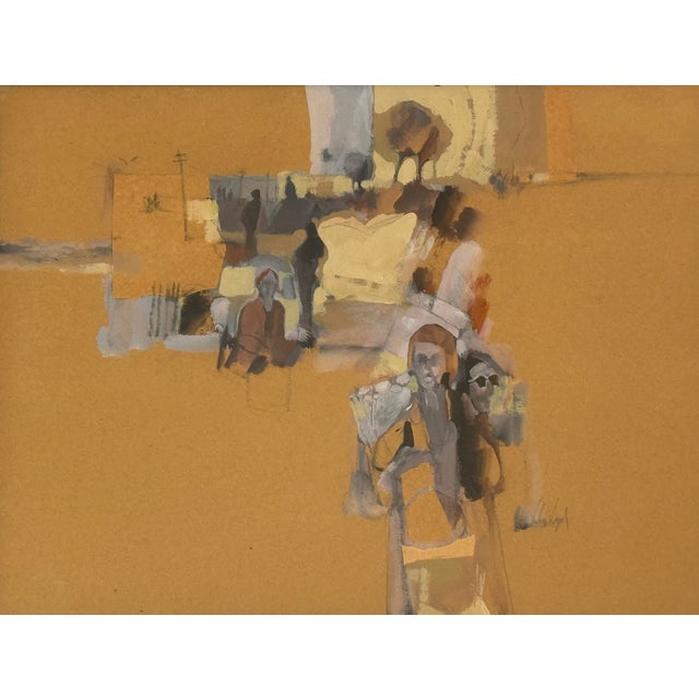 A gouache on paper painting depicting figures in a landscape. Signed lower right Veloy Vigil. Lived and worked in Taos,...