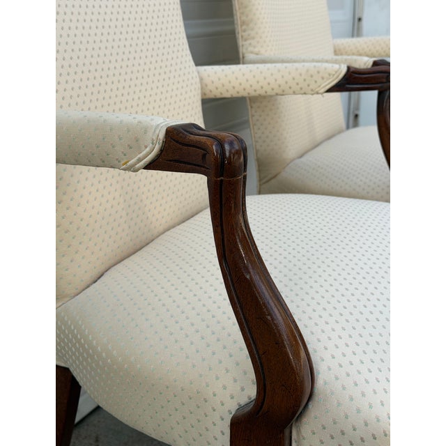 Pair of Vintage French Provincial Upholstered Armchairs With Cabriole Legs and Carved Details For Sale - Image 4 of 12