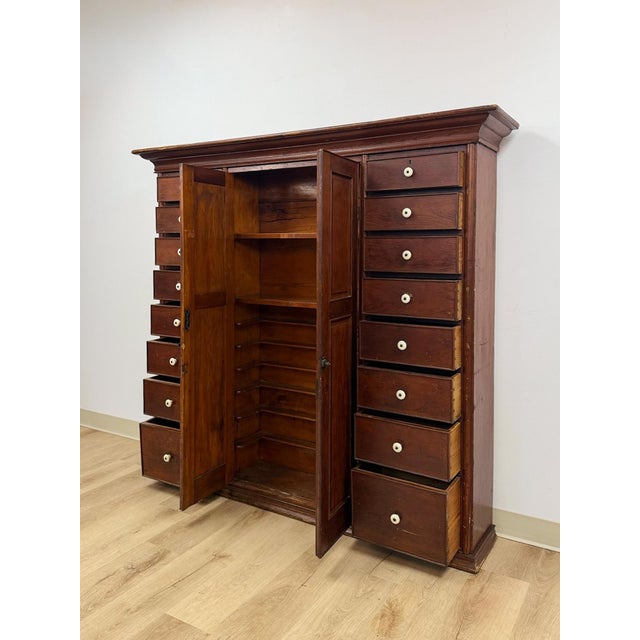 Rare Antique Apothecary Cabinet 16 Drawer Two Door Large Wood Storage For Sale - Image 10 of 12