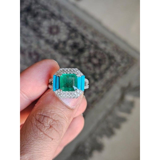 Green Set in 18k Gold, Zambian Emerald, Natural Turquoise & Diamonds Engagement Ring, Size 6 For Sale - Image 8 of 8