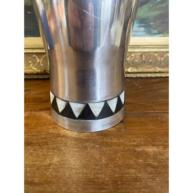 1970s Vintage Towle Silversmiths Modernist Metal Vase With Black and Mother-of-Pearl Geometric Inlay For Sale - Image 5 of 9