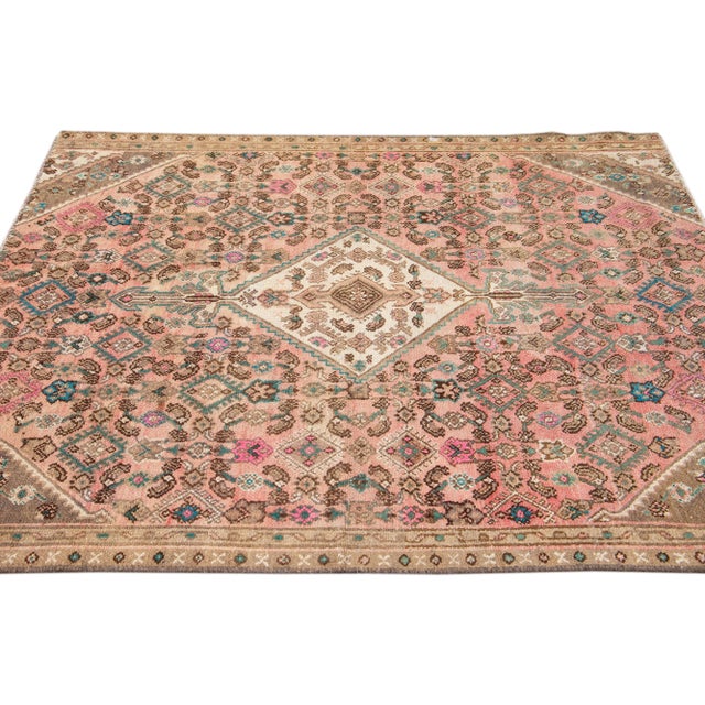 1960s 1960s Vintage Persian Distressed Handmade Medallion Peach Wool Rug For Sale - Image 5 of 7