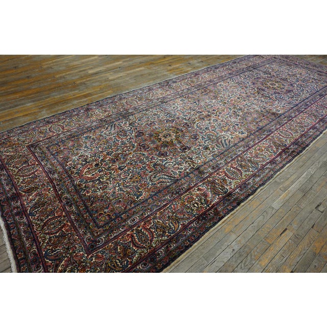 Ivory 1920s Antique Floral Handknotted Wool Persian Kerman Hallway Runner Carpet Rug For Sale - Image 8 of 13