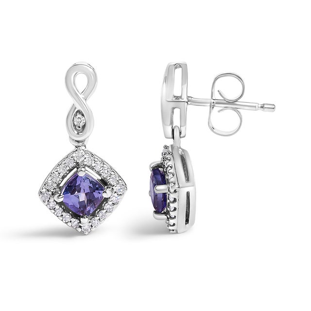 Contemporary 10K White Gold Blue Purple Tanzanite and Diamond Halo Cushion Shaped Drop Earrings (I-J Color, I1-I2 Clarity) For Sale - Image 3 of 5