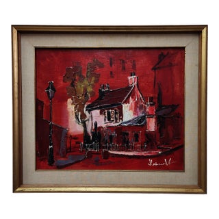 Mid 20th Century Red "Boat House"" Paris City / Town Abstract Oil Painting By DeSmedtdt For Sale