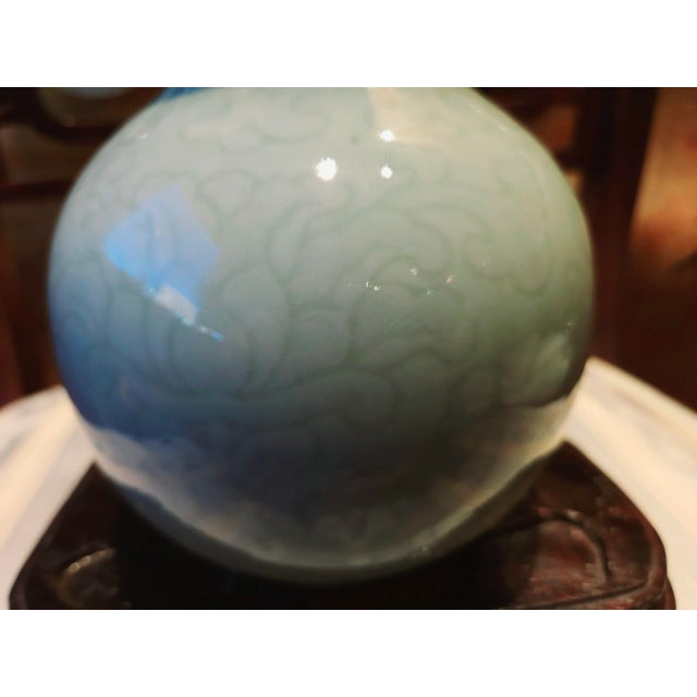 1954 Chinese Jingdezhen Celadon Glazed Vase With Dark Engraved Floral