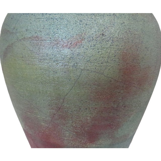 Early 21st Century Green Brutalist Raku Pottery Vase Urn With Geode Lid Signed 17 1/2" For Sale - Image 5 of 7
