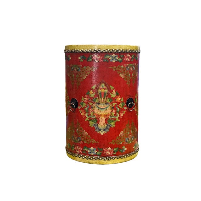 Distressed Red Lotus Tibetan Style Jewel Tower Graphic Round Drum Table For Sale - Image 4 of 8