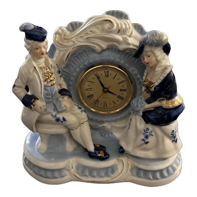 Vintage Victorian Lady and Man Porcelain Quartz Clock Hand Painted Gold Gilt For Sale