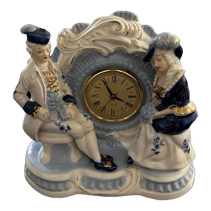 Vintage Victorian Lady and Man Porcelain Quartz Clock Hand Painted Gold Gilt