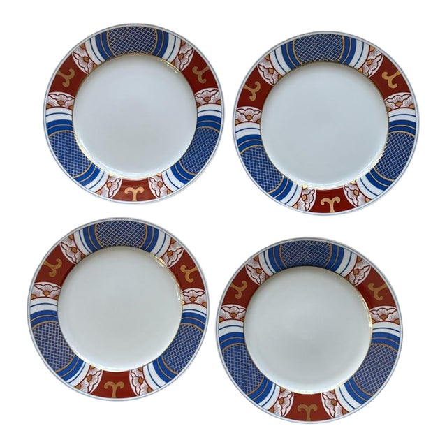Vintage Fitz and Floyd 1975 Mishiki Plates 6.5 Inch Blue Oxblood Red Gold Vintage Japan - Set of 4 For Sale