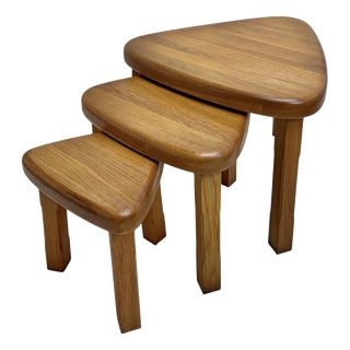 Triangular Oak Nesting Tables by Pierre Chapo, 1970s, Set of 3 For Sale