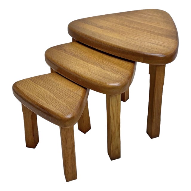 Triangular Oak Nesting Tables by Pierre Chapo, 1970s, Set of 3 For Sale