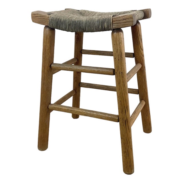 Vintage Rush Seat Counter Stool For Sale