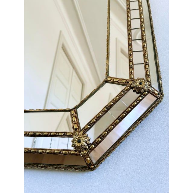 Large Vintage Spanish Venetian Style Rectangular Brass Wall Mirror – Gold Hollywood Regency, 1980s For Sale - Image 9 of 12
