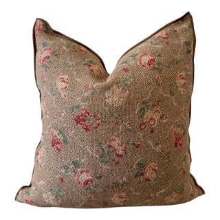 French Linen Floral Pillow in Brown Tones With Down Insert For Sale