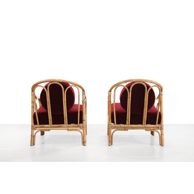 Vintage Bamboo and Rattan Armchairs with Bordeaux Red Mohair, 1960s, Set of 2 For Sale - Image 4 of 7