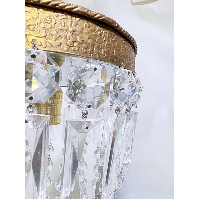 Vintage Brass Crystal Basket Chandelier With Ornate Floral Detailing Frame For Sale - Image 9 of 10
