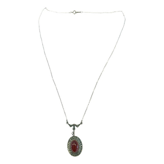 1940s Art Deco Sterling Silver Carnelian & Marcasite Necklace For Sale