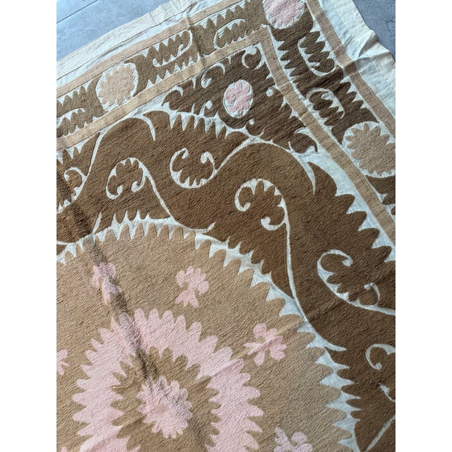 Beige Brown Cotton Suzani Square With Pink Medallion For Sale In New York - Image 6 of 10