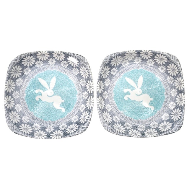 Late 20th Century Vintage Kotobuki Japan Rabbit Square Plates, Set of 2, 8.75" For Sale - Image 5 of 12