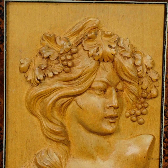Wooden Carved Victorian Lady Wall Plaque, circa 1920 A lovely wooden wall application depicting a Victorian lady with...