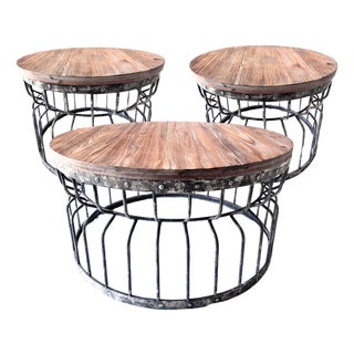 Transitional Reclaimed Wood & Distressed Wrought Iron Coffee & Side Tables Trio For Sale