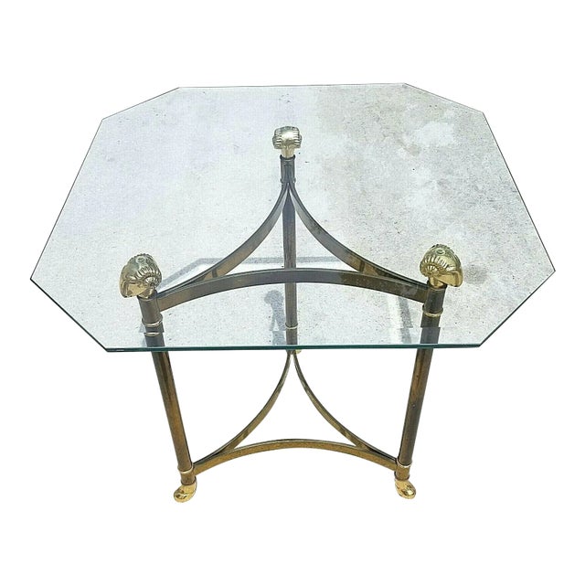 Maison Jansen Style Hollywood Regency Brass Rams Head Hoof Footed End Side Table For Sale