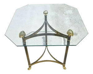 Maison Jansen Style Hollywood Regency Brass Rams Head Hoof Footed End Side Table